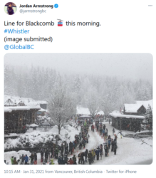 Line for Blackcomb Ski Lift this morning - Jordan Armstrong