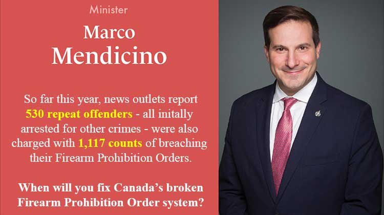 news outlets report that 530 repeat offenders, all arrested for committing other serious crimes, were also charged with 1,117 counts of breaching Firearm Prohibition Orders, yet Liberal Public Safety Minister Marco Mendicino refuses to lift a finger to fix Canada's broken Firearm Prohibition Order System to address this serious public safety issue.